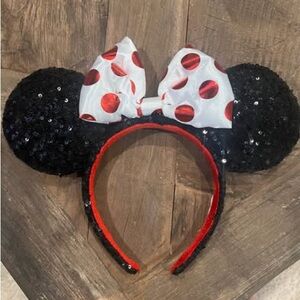 Black Sequin Minnie Mouse Ears Headband with Red Polka Dot Bow
